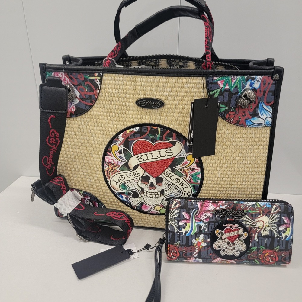 NEW Ed Hardy Love Kills Slowly Woven Tote Bag & Matching Wristlet Wallet‎ Set